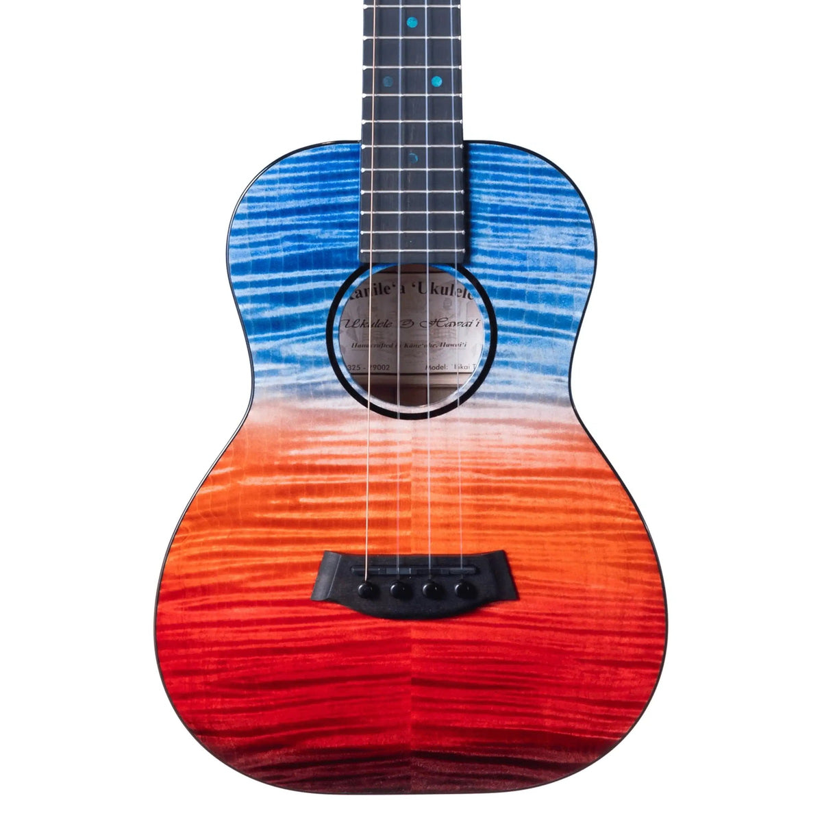 Example photo: an earlier Kanile'a 'Ilikai Pro tenor, serial 29002, body front with red to blue stained quilted maple