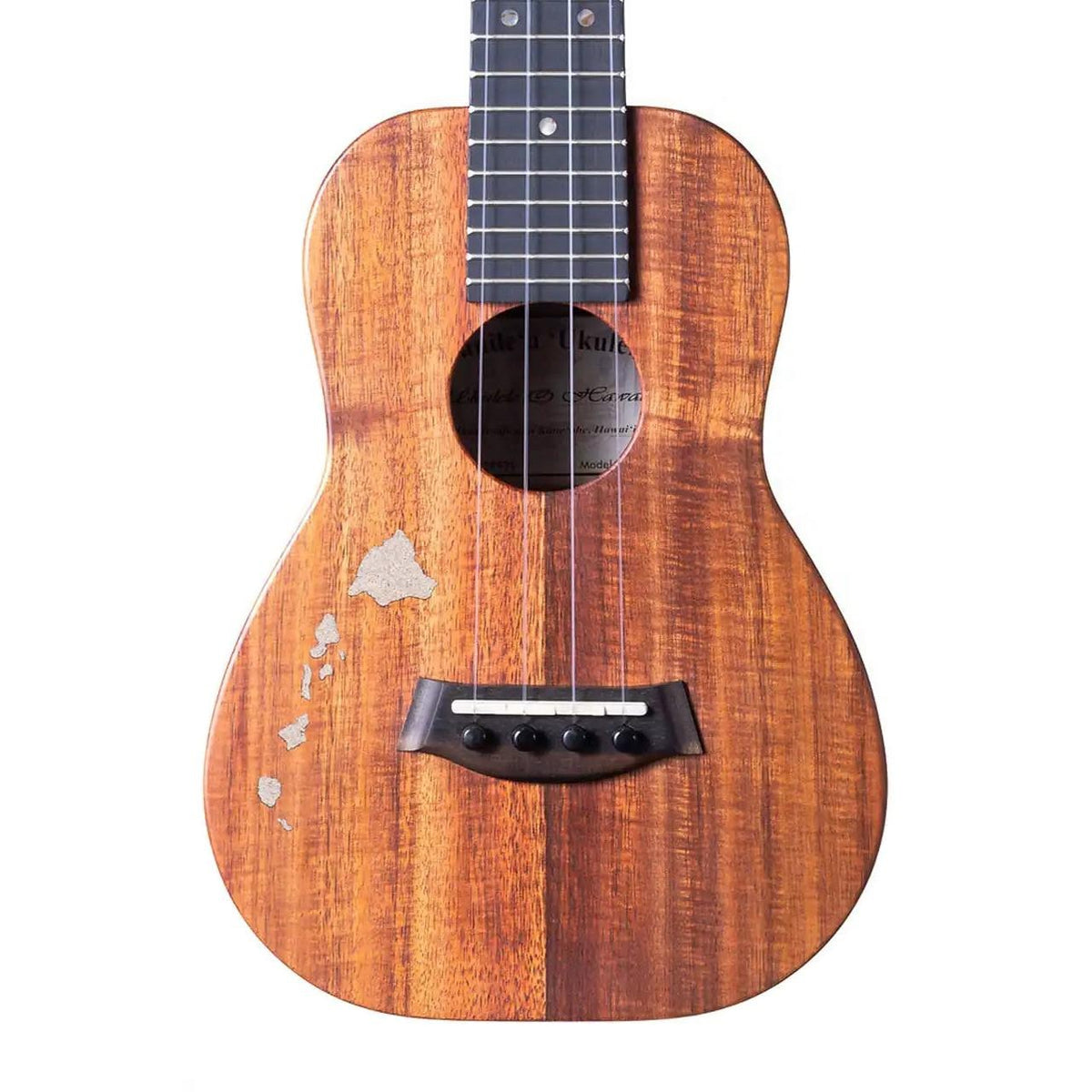 Example photo: an earlier Kanile'a ISL Natural concert, serial 28929, body front with Select Grade koa and the Kailua beach sand Hawaiian Island chain inlay