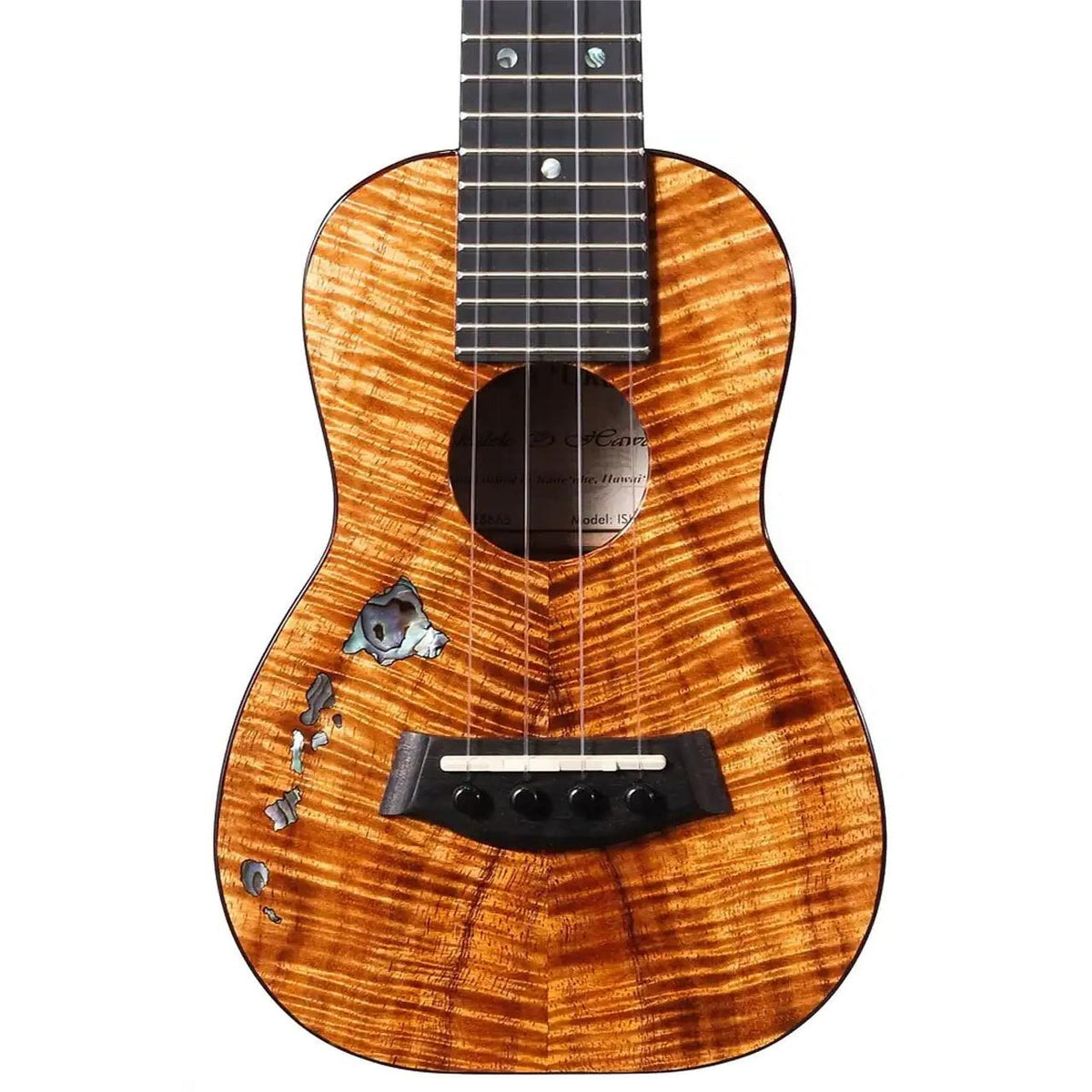 Example photo: an earlier top-grade Kanile'a ISL soprano, serial 28665, body front with curly koa and the Paua abalone Hawaiian Island chain inlay