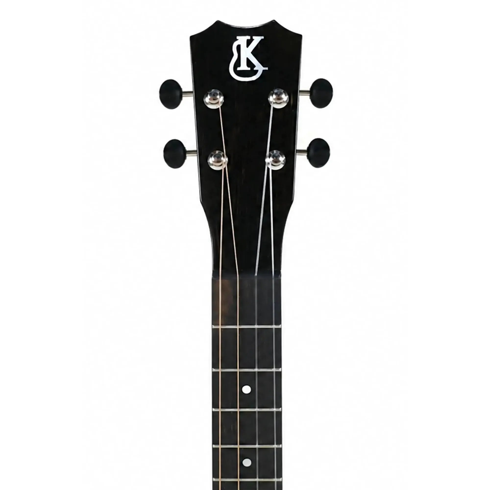 Kanile'a K-1 Pro Baritone Ukulele ebony headstock with white mother-of-pearl logo and tuners.