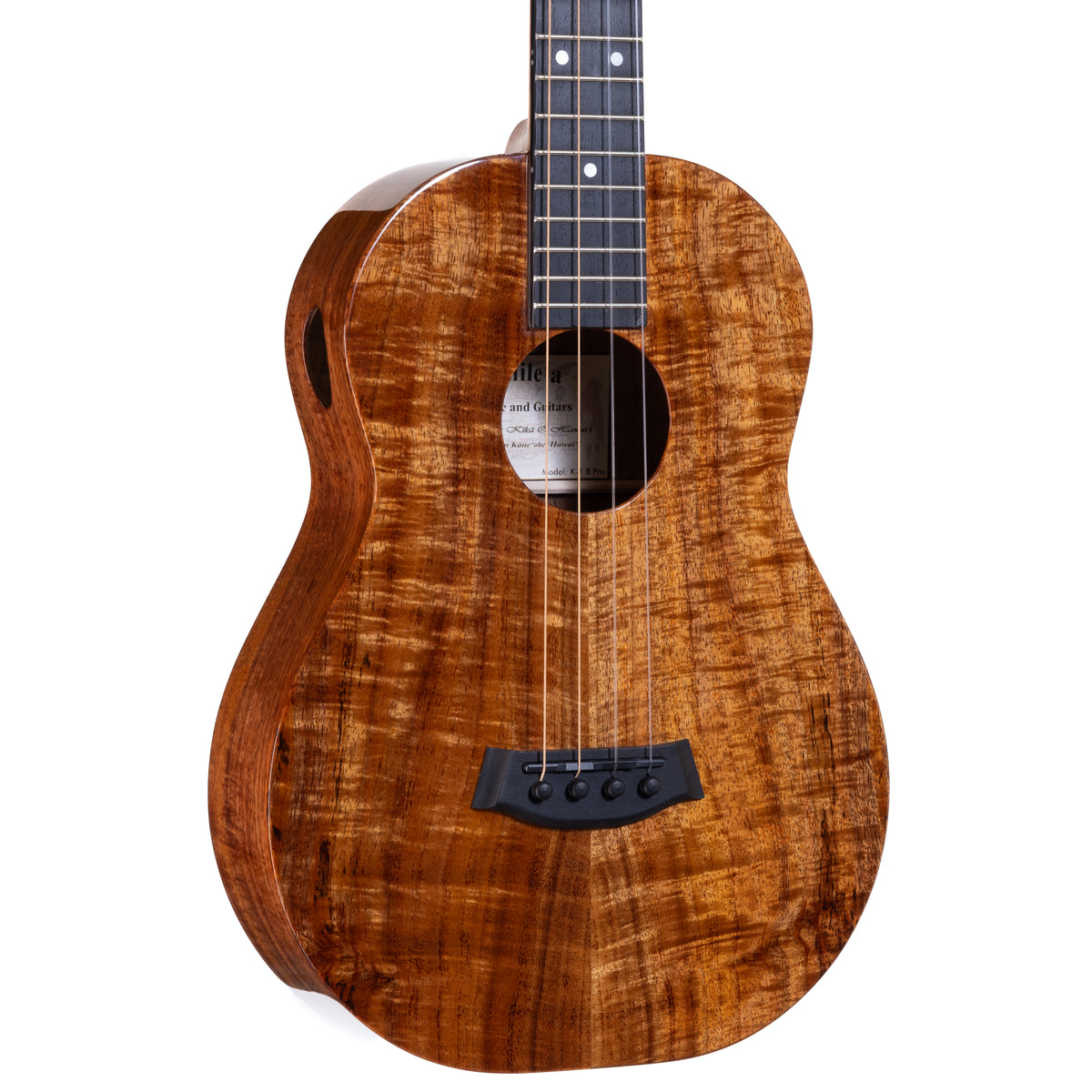 Example photo: Kanile'a K-1 Pro Baritone ukulele, Premium Grade koa top with ebony bridge and round soundhole, body front