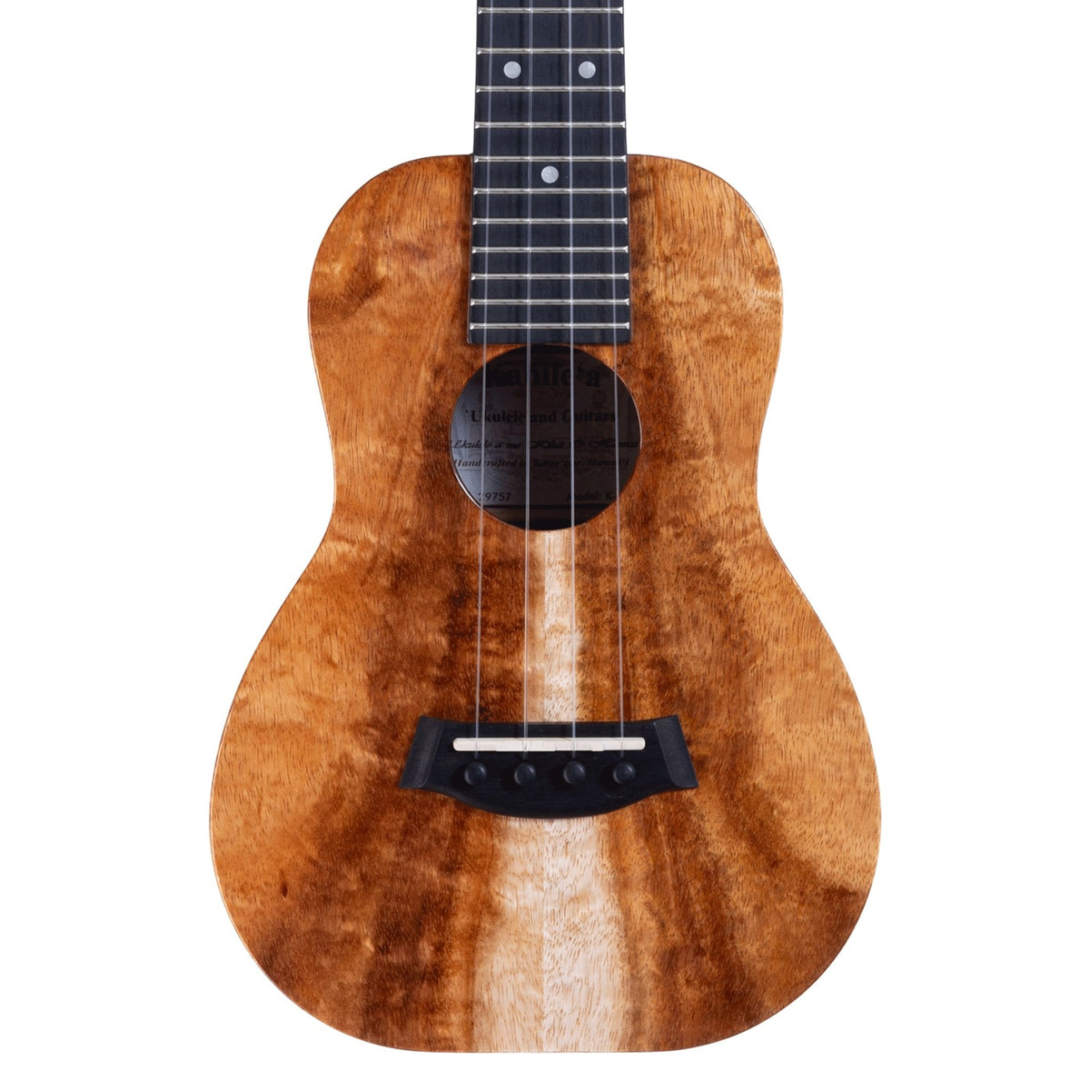 Example photo: an earlier Kanile'a K-1 Core concert, body front with Deluxe Grade koa top, round soundhole and ebony bridge