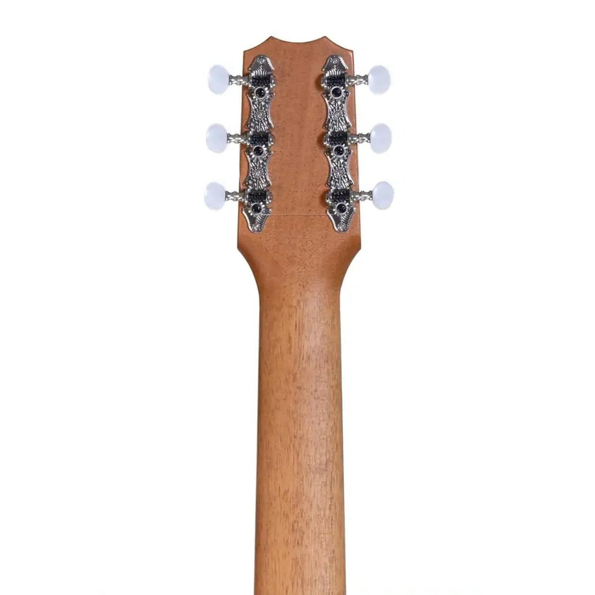 Example photo: an earlier Kanile'a KPA GL6 Core guitarlele, serial 29107, back of the headstock with chrome open geared tuners