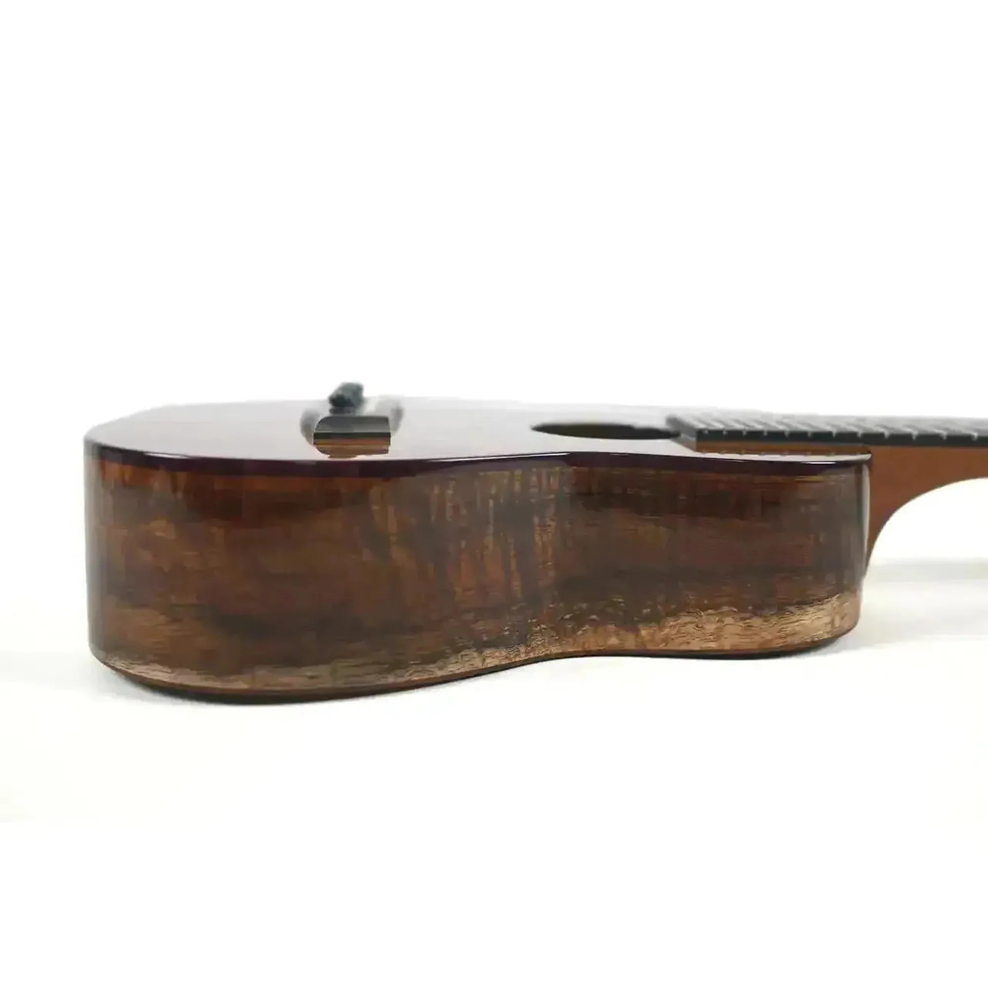 Kanile'a KPA-S soprano ukulele side view, showing premium Hawaiian Koa wood with UV gloss finish.