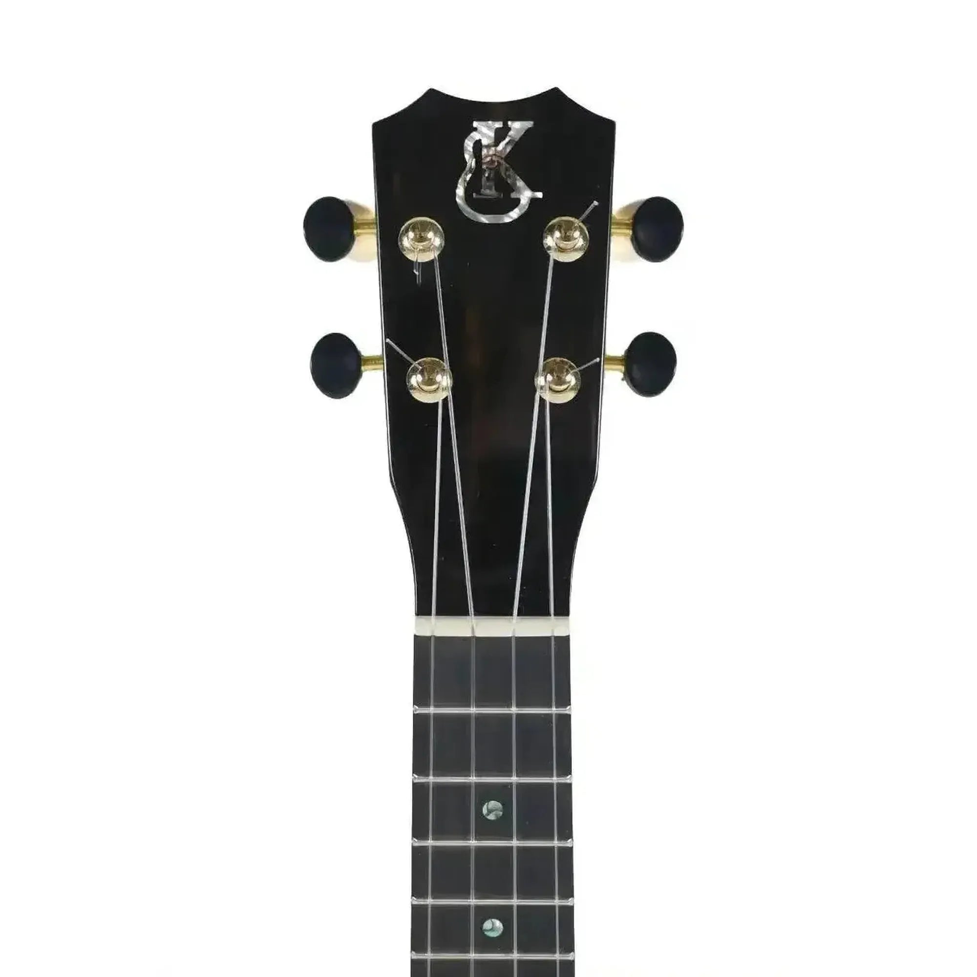 Kanile'a KPA-S soprano ukulele headstock with ebony finish, Pāua Abalone logo, and gold tuners.