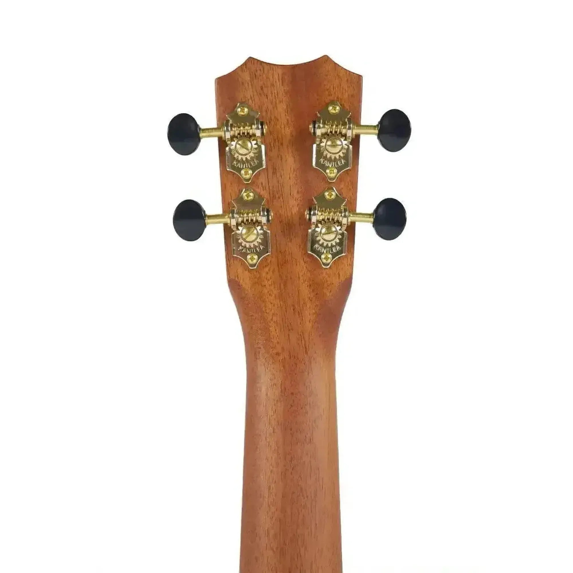 Kanile'a KPA-S soprano ukulele headstock with gold open geared tuners and black knobs.