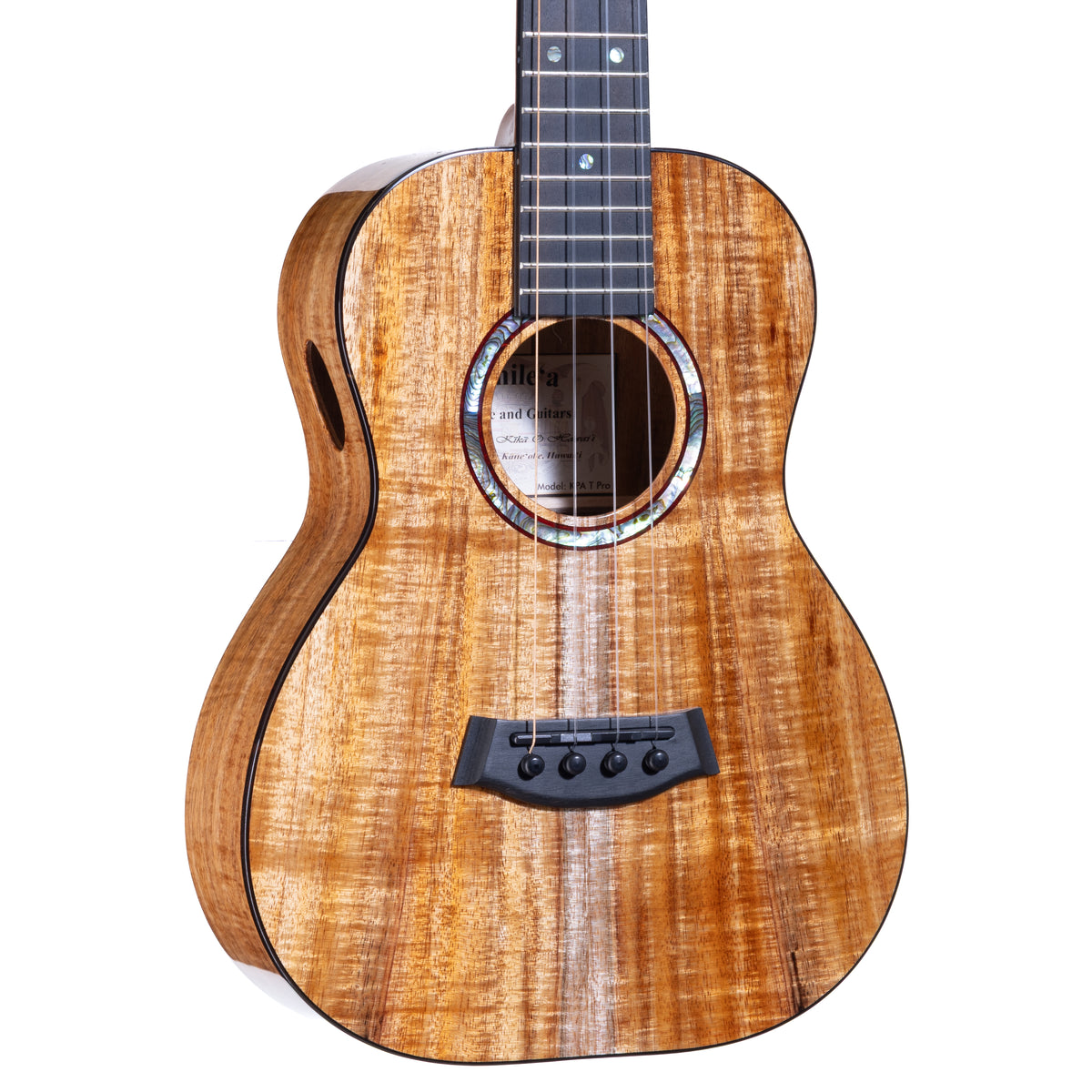 Angled body close-up of Kanile'a KPA Pro tenor ukulele, serial 30309, showing the koa top and Pāua abalone rosette