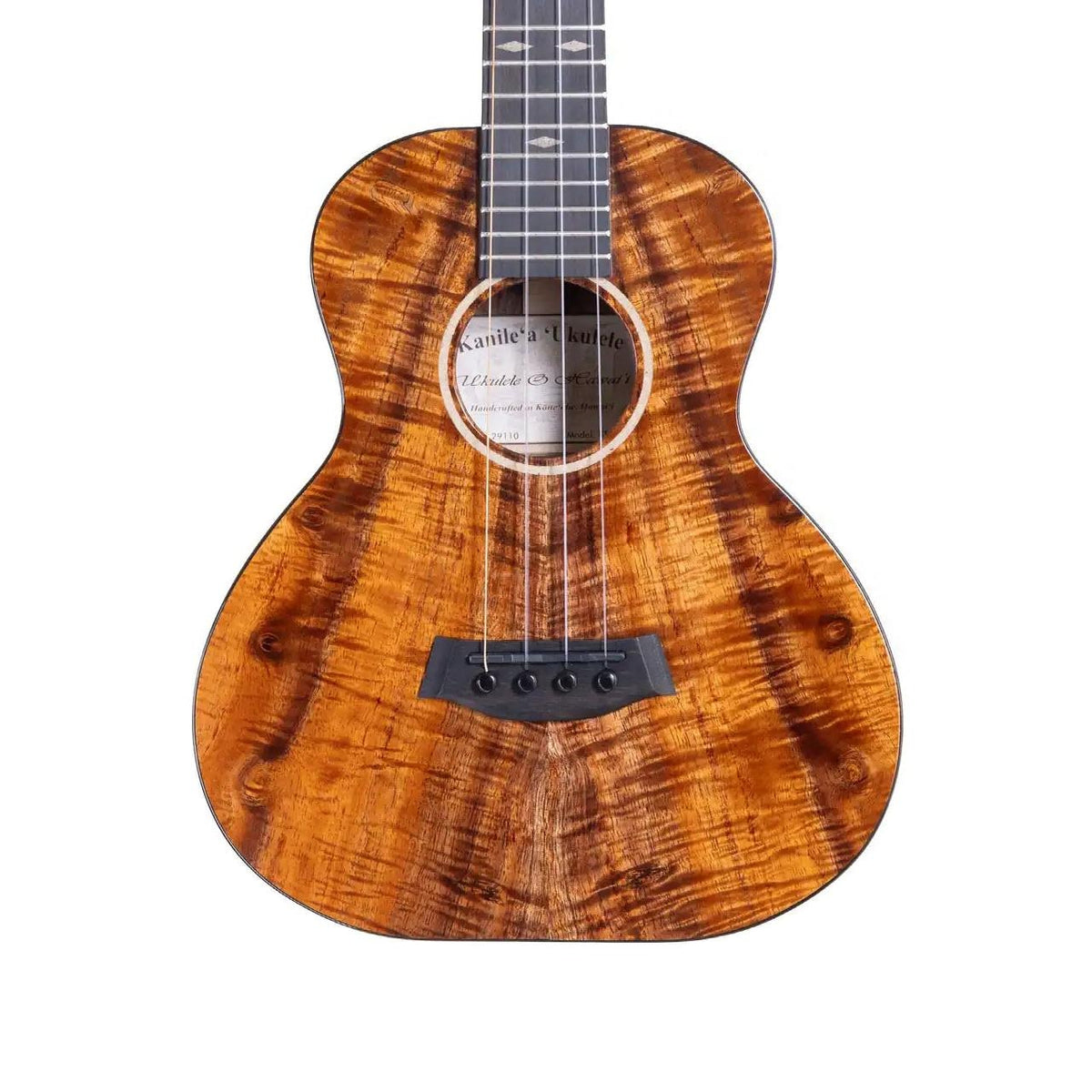 Example photo: an earlier Kanile'a KTR Pro super tenor, serial 29110, body front with Master Grade koa and Kailua beach sand rosette