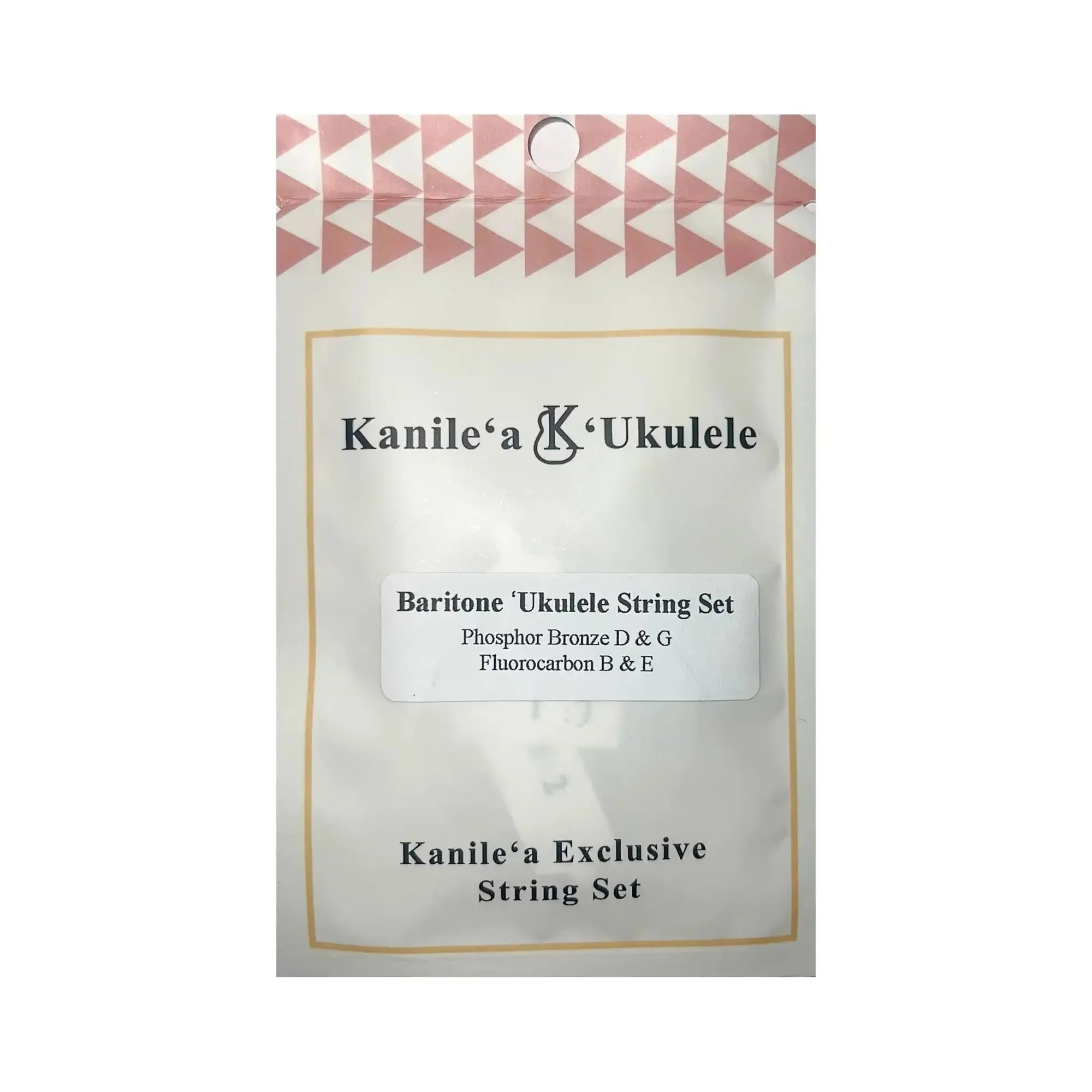 Kanile'a Baritone Ukulele String Set in white packaging with pink chevron design.