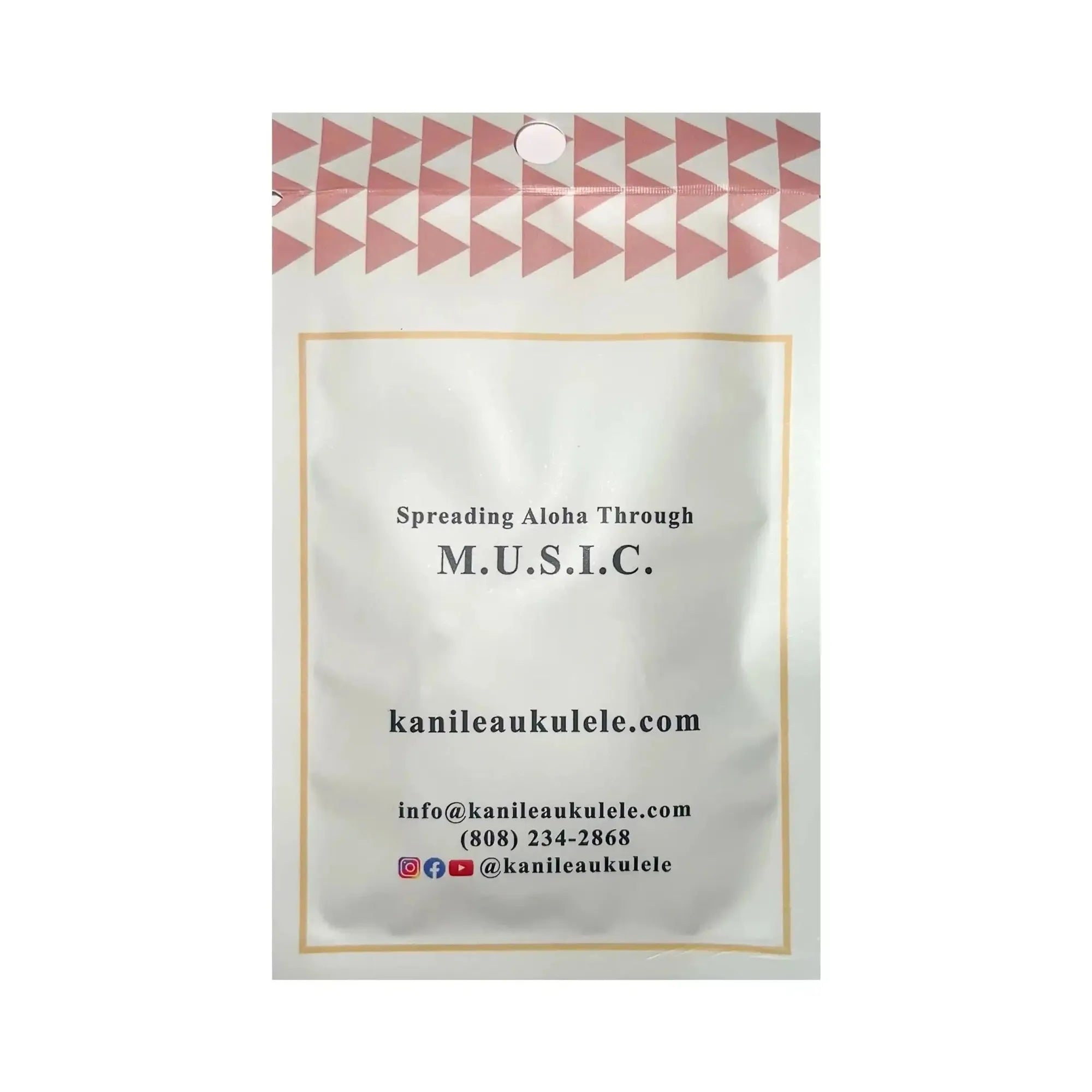 Kanile'a ukulele strings packaging with pink triangle pattern and "Spreading Aloha Through M.U.S.I.C." text.
