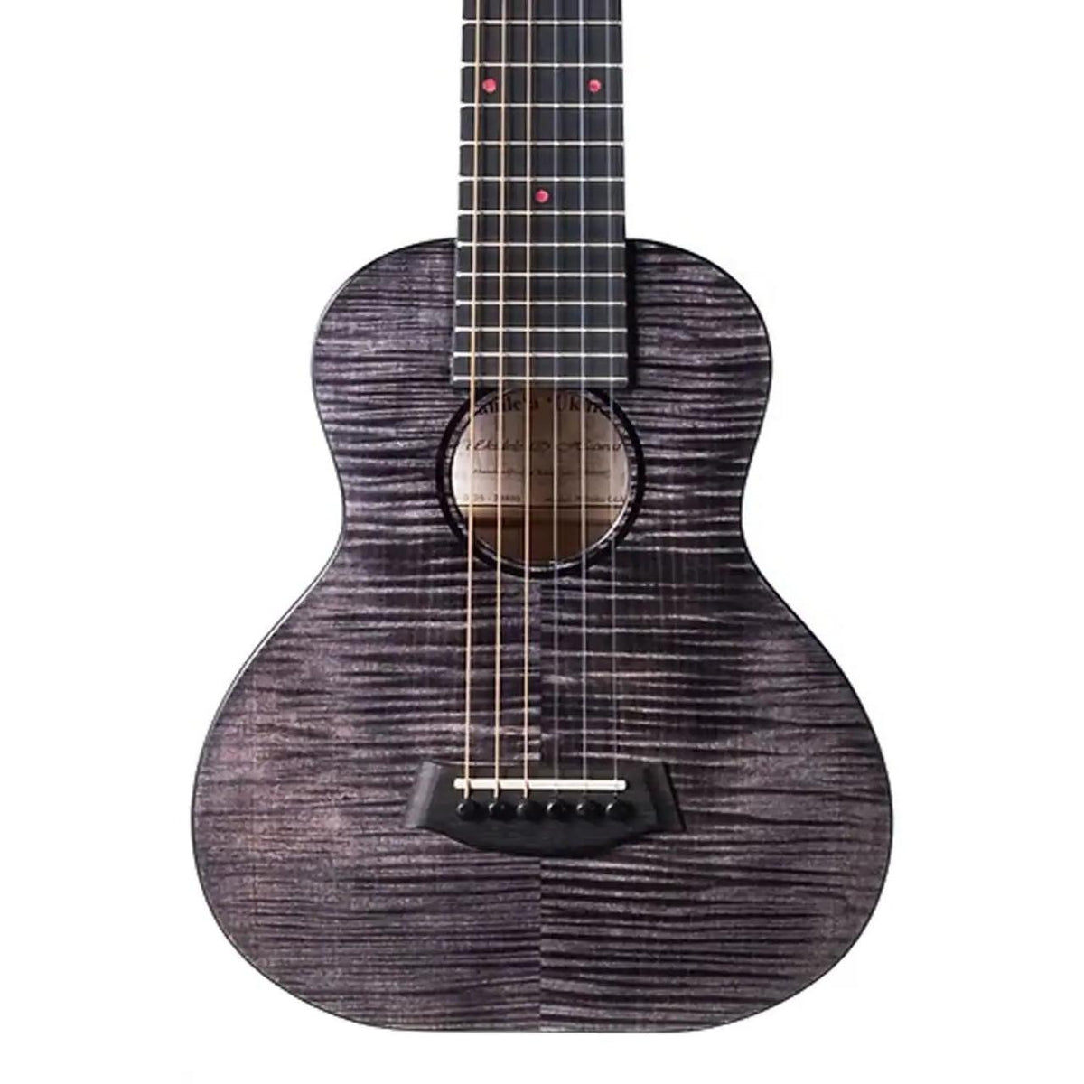 Example photo: an earlier Kanile'a Pohaku Pro GL6 guitarlele, body front with black-stained figured maple, ebony rosette and red-stained poplar markers