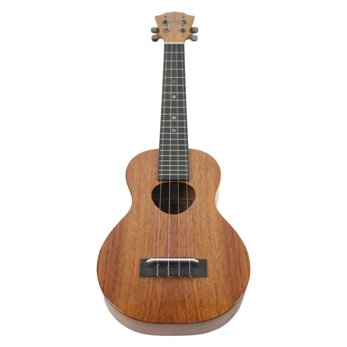 Example photo: full front view of a KoAloha solid koa concert ukulele (representative photo), standing upright