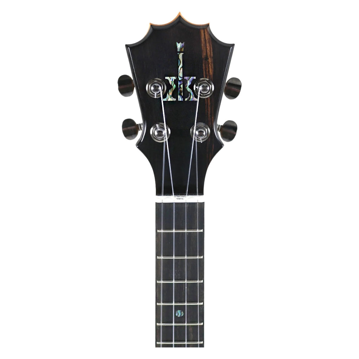 Example photo: headstock front of a KoAloha KTM-00 gloss tenor, black ebony head plate with the 5-pointed crown, abalone logo and dark tuners (the same headstock as a gloss KCM-02 tenor neck)