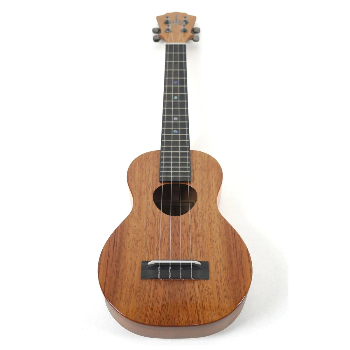 Example photo: KoAloha KCM-02, the gloss version of the KCM-12, full front view of the concert tenor neck ukulele standing upright