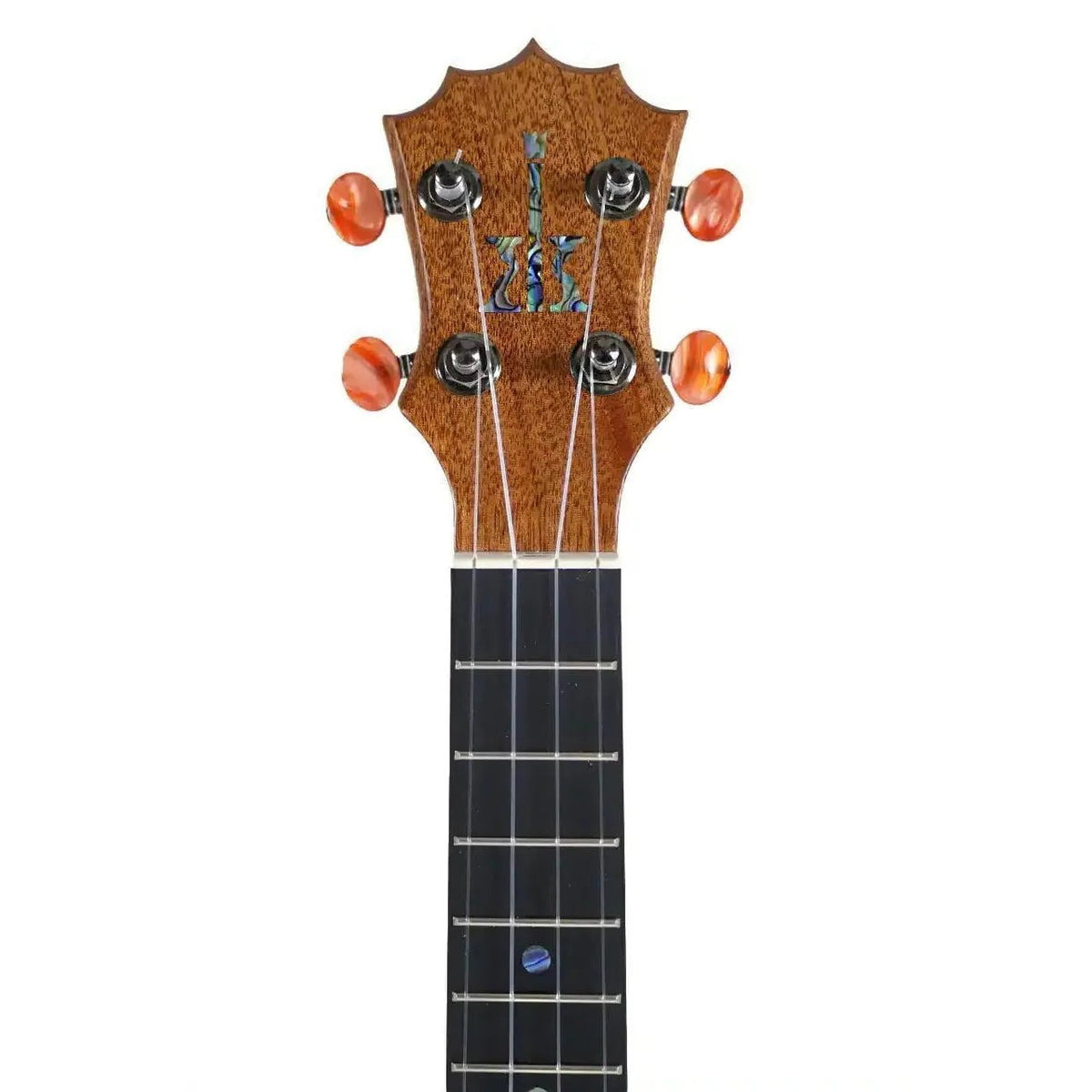 KoAloha KCM-10 Pikake concert ukulele, unit #1, front of the crown headstock with abalone logo and tuners