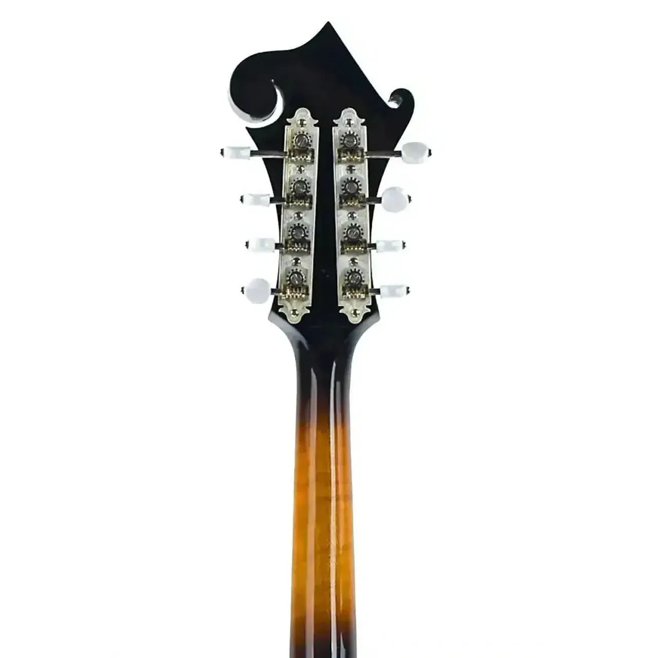 Kentucky KM-1000 F-Model mandolin headstock and neck, featuring a sunburst finish and pearl inlays.