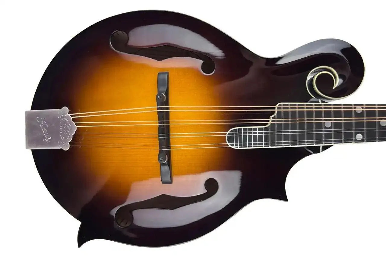 Kentucky KM-1050 F-Model mandolin with a traditional 1920s sunburst finish, f-holes, and ebony bridge.