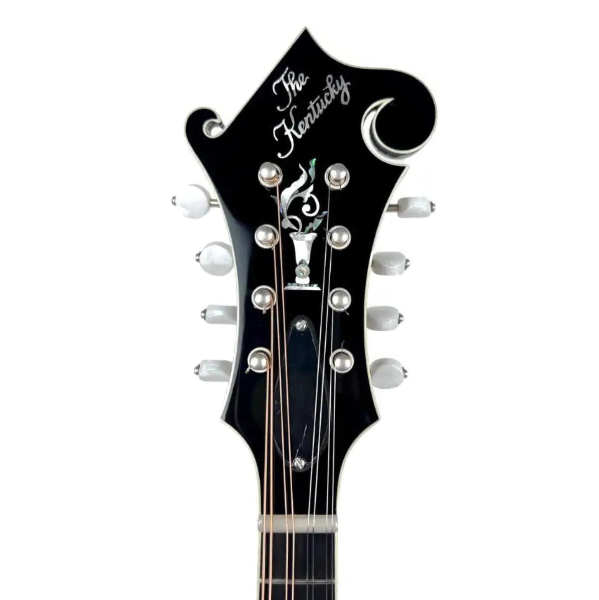 Kentucky KM-1050 F-Model mandolin headstock with "The Kentucky" mother-of-pearl inlay and silver Gotoh tuners.