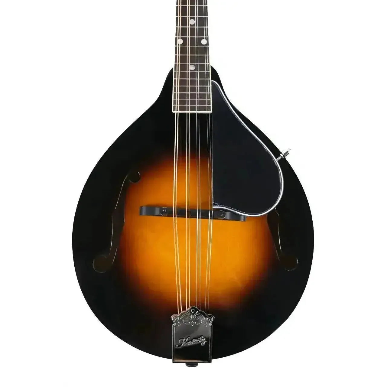 Kentucky KM-140 A-Model mandolin with traditional sunburst finish, f-holes, and black pickguard.