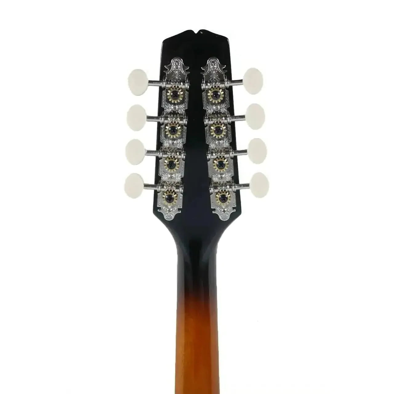 Kentucky KM-140 A-Model mandolin headstock with sunburst finish, black overlay, and eight nickel-plated tuners.