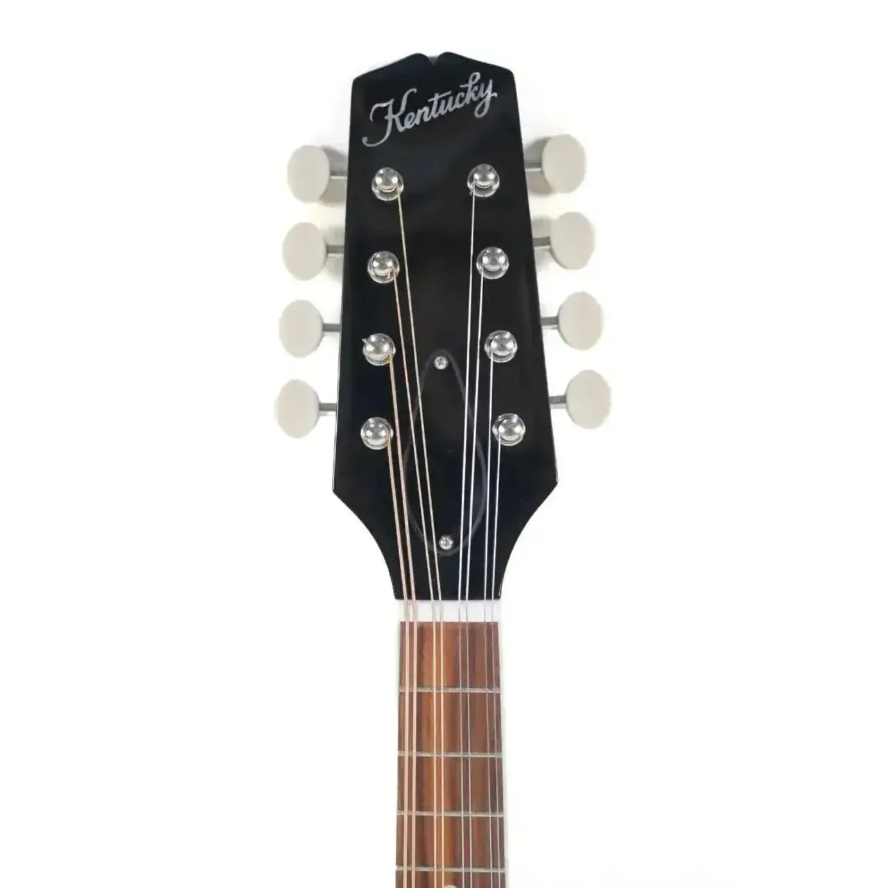 Kentucky KM-150 A-Model mandolin headstock with "Kentucky" logo, deluxe nickel tuners, and white buttons.
