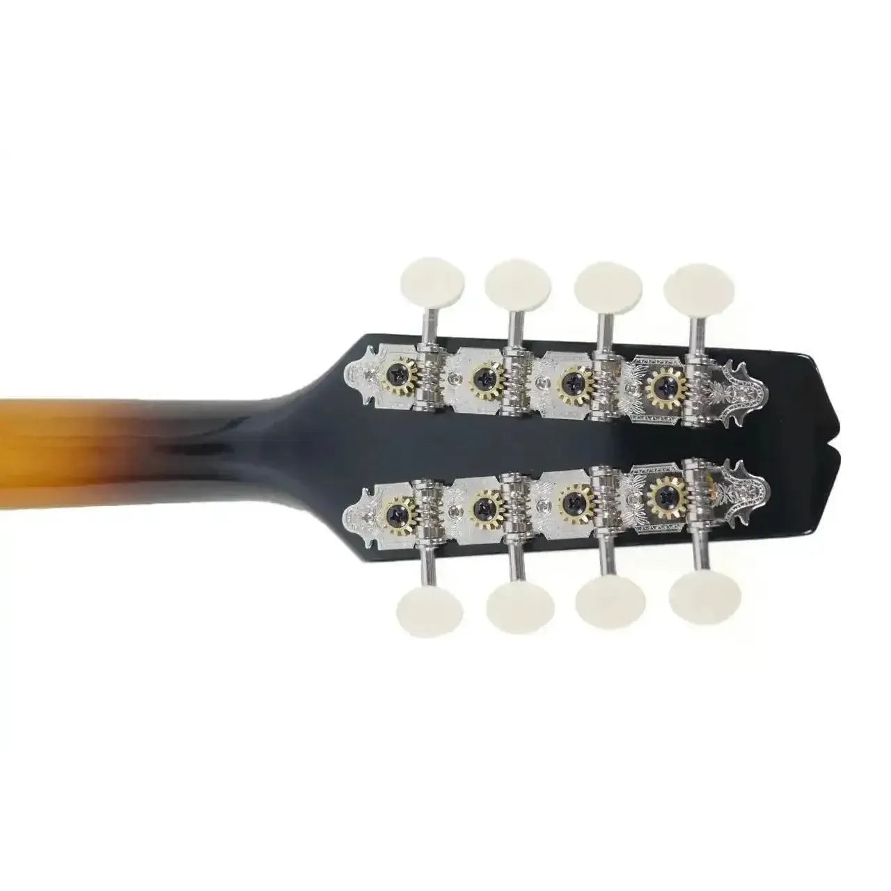 Back of Kentucky KM-150 Sunburst A-Model mandolin headstock with deluxe nickel-plated tuners and white buttons.