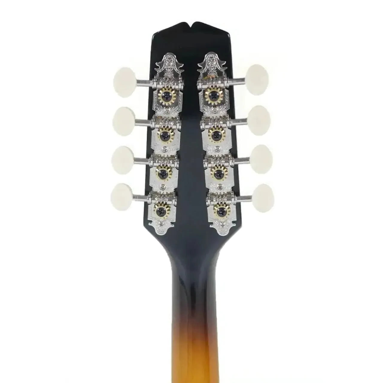 Back of Kentucky KM-150 Sunburst A-Model mandolin headstock with deluxe nickel-plated tuners and white buttons.