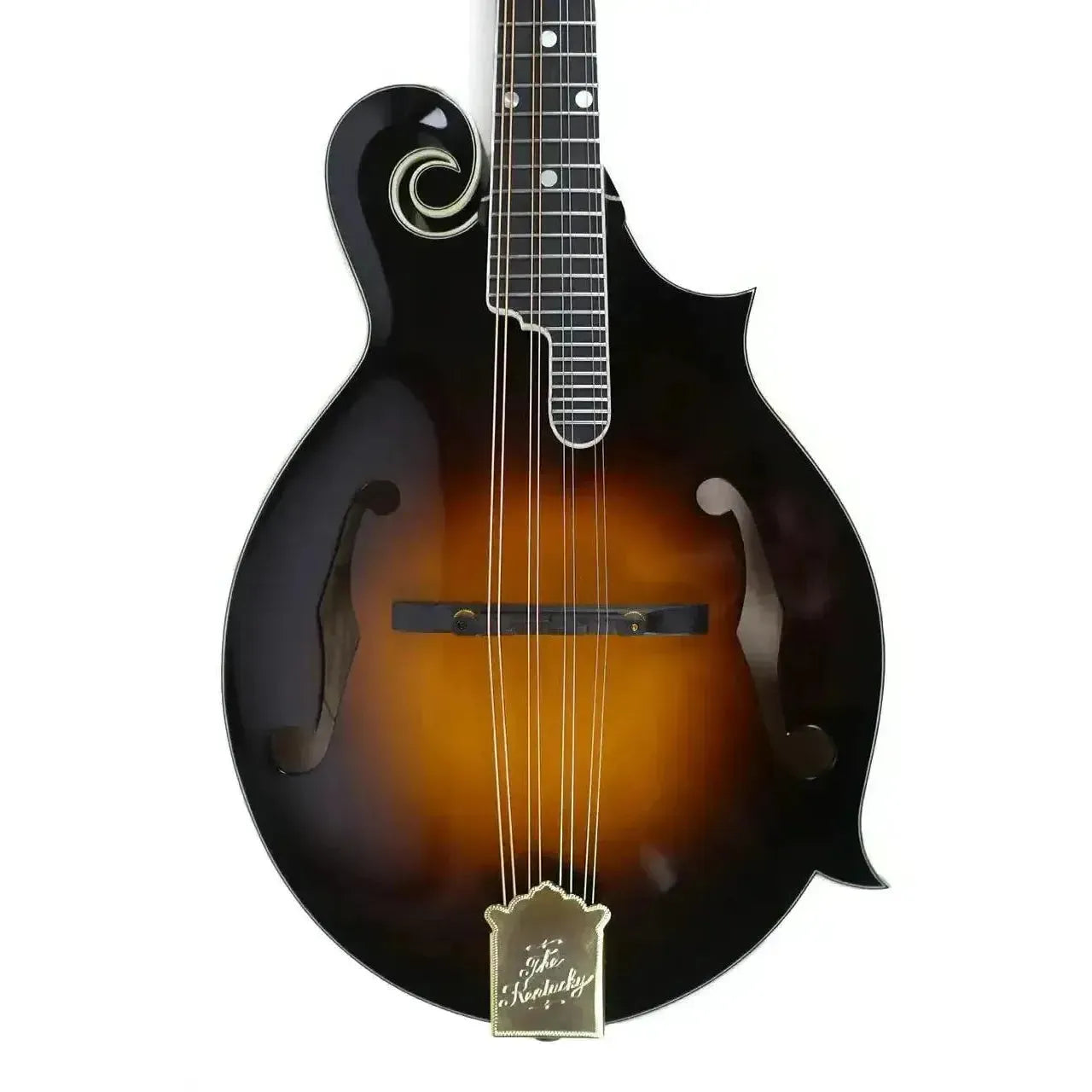 Kentucky KM-1500 F-Model mandolin with Cremona sunburst finish, gold-plated tailpiece, and ebony fretboard.