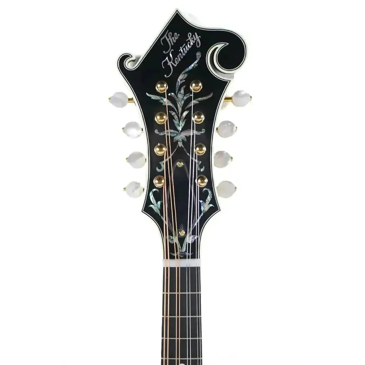 Kentucky KM-1500 F-Model mandolin headstock with "The Kentucky" logo, mother-of-pearl inlay, and gold tuners.