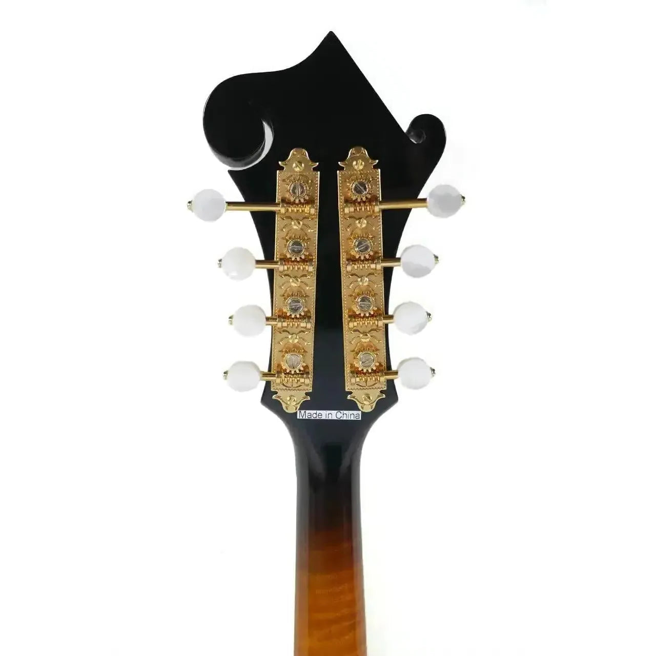 Kentucky KM-1500 F-Model mandolin headstock with gold-plated tuners and white buttons.