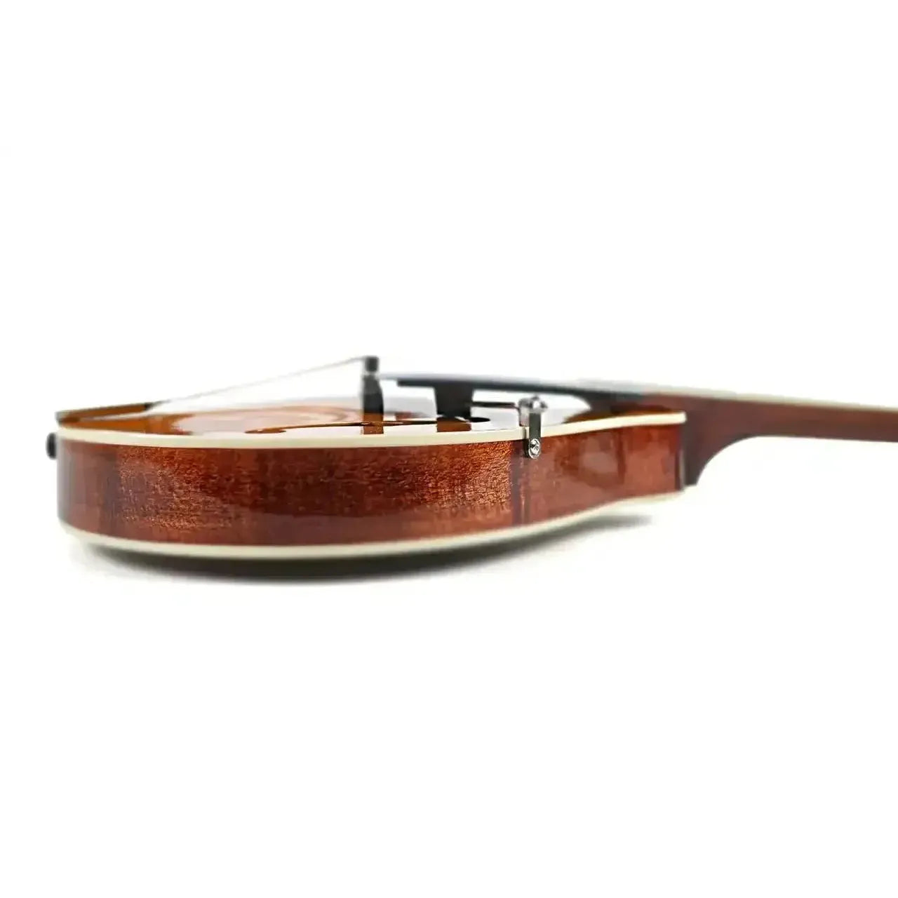 Side view of Kentucky KM-152 A-Model mandolin with amber top, maple back, and rosewood bridge.