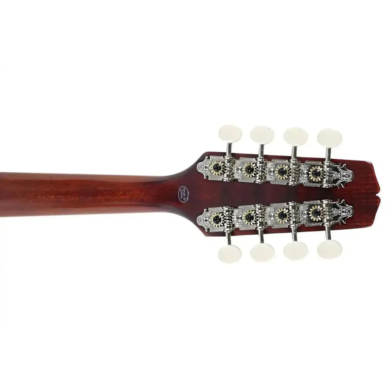 Kentucky KM-152 A-Model mandolin headstock with eight white tuning pegs and nickel silver hardware.
