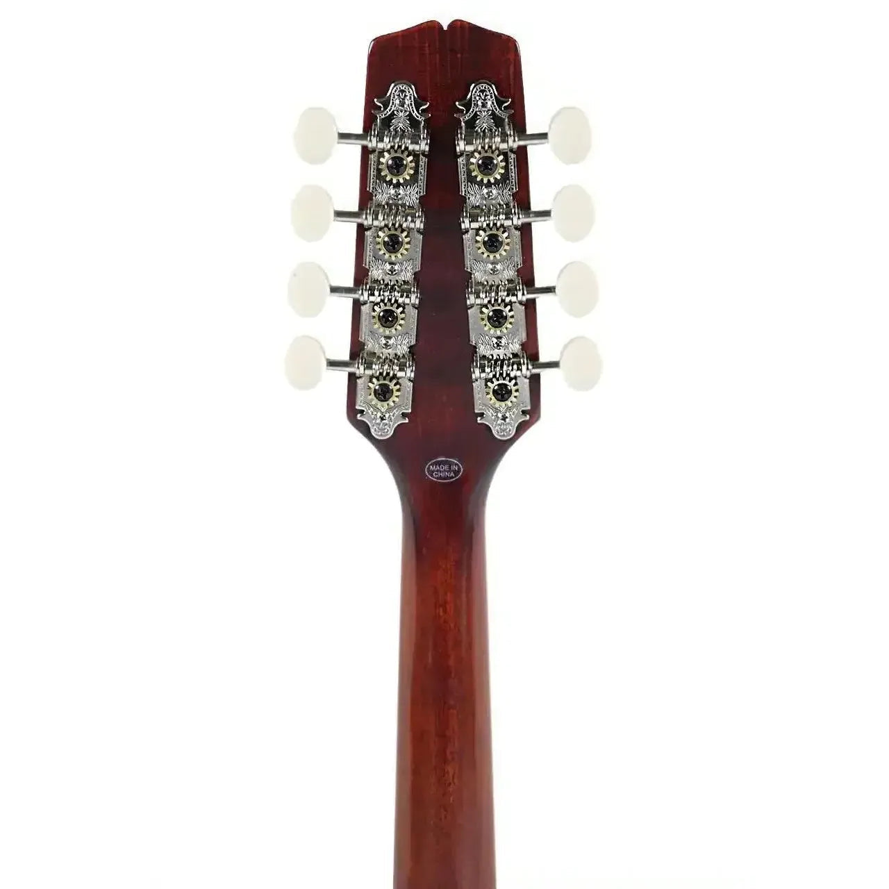 Kentucky KM-152 A-Model mandolin headstock with eight white tuning pegs and nickel silver hardware.