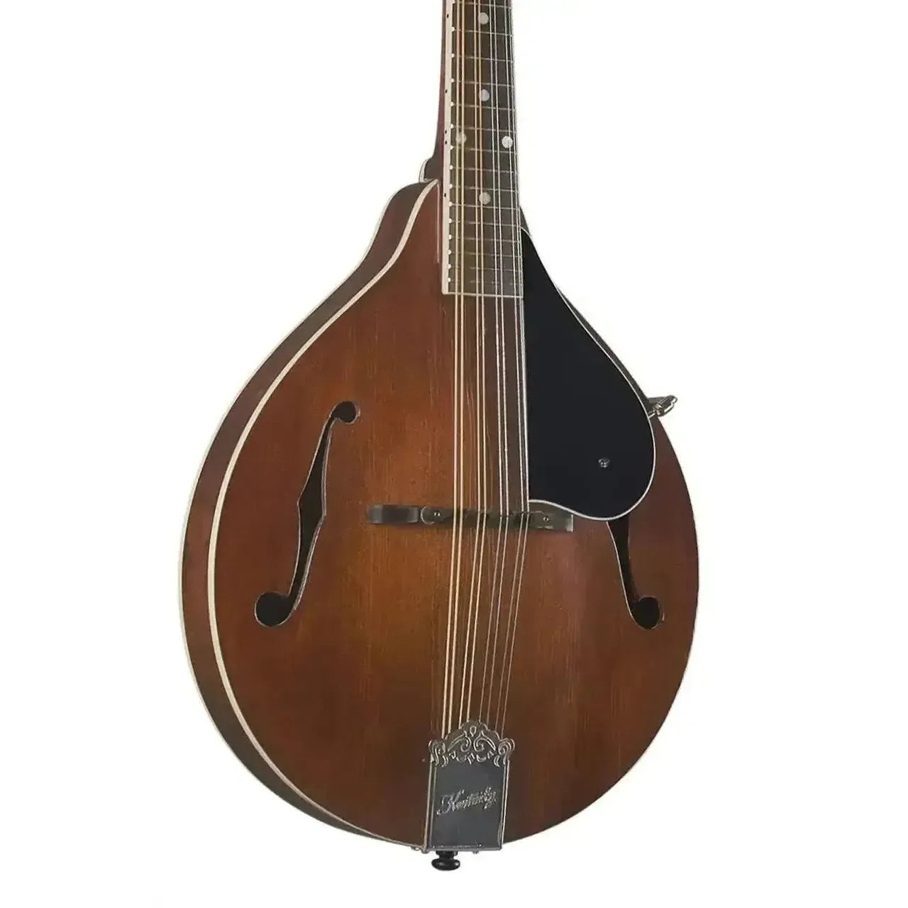 Kentucky KM-156 A-Model mandolin, rich brown with f-holes, black pickguard, and ornate tailpiece.