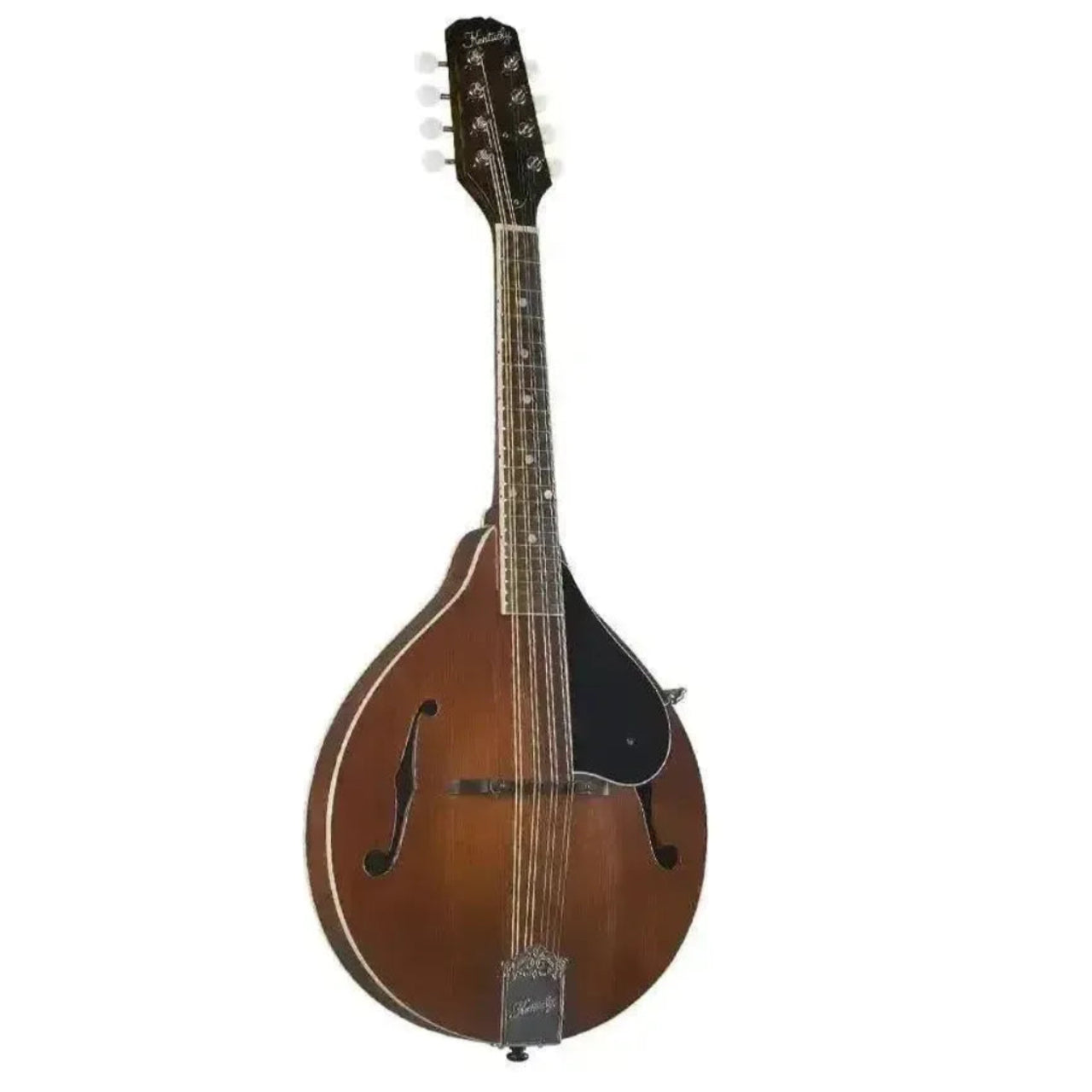 Kentucky KM-156 Brown A-Model mandolin with high-gloss finish, black pickguard, and nickel-plated tuners.