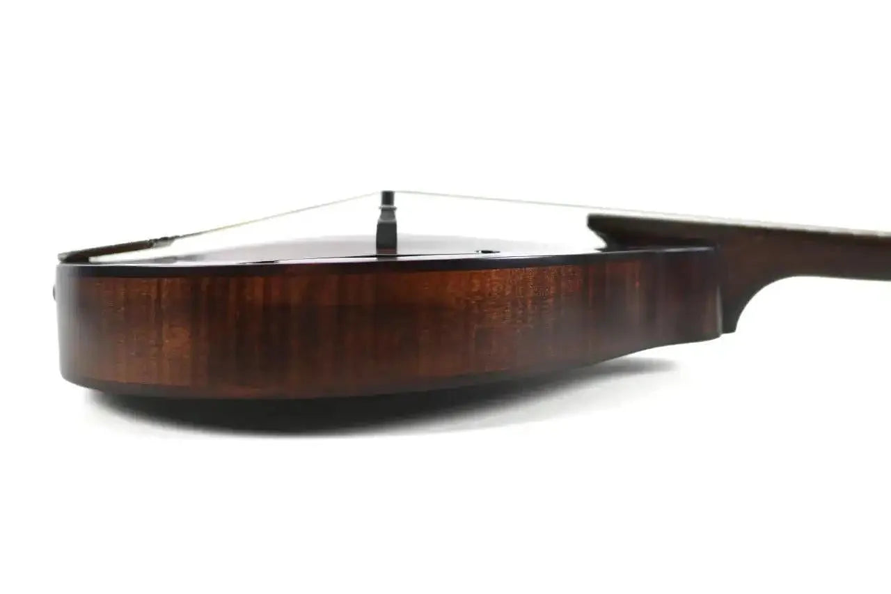 Side view of a Kentucky KM-206 A-Model mandolin with a satin brown finish and maple back.