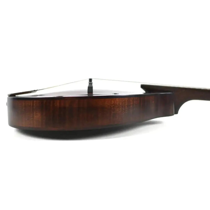 Side view of a Kentucky KM-206 A-Model mandolin with a satin brown finish and maple back.