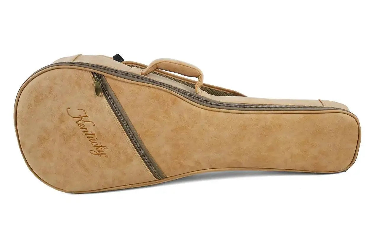 Kentucky mandolin gig bag in tan with embroidered logo and zipper.