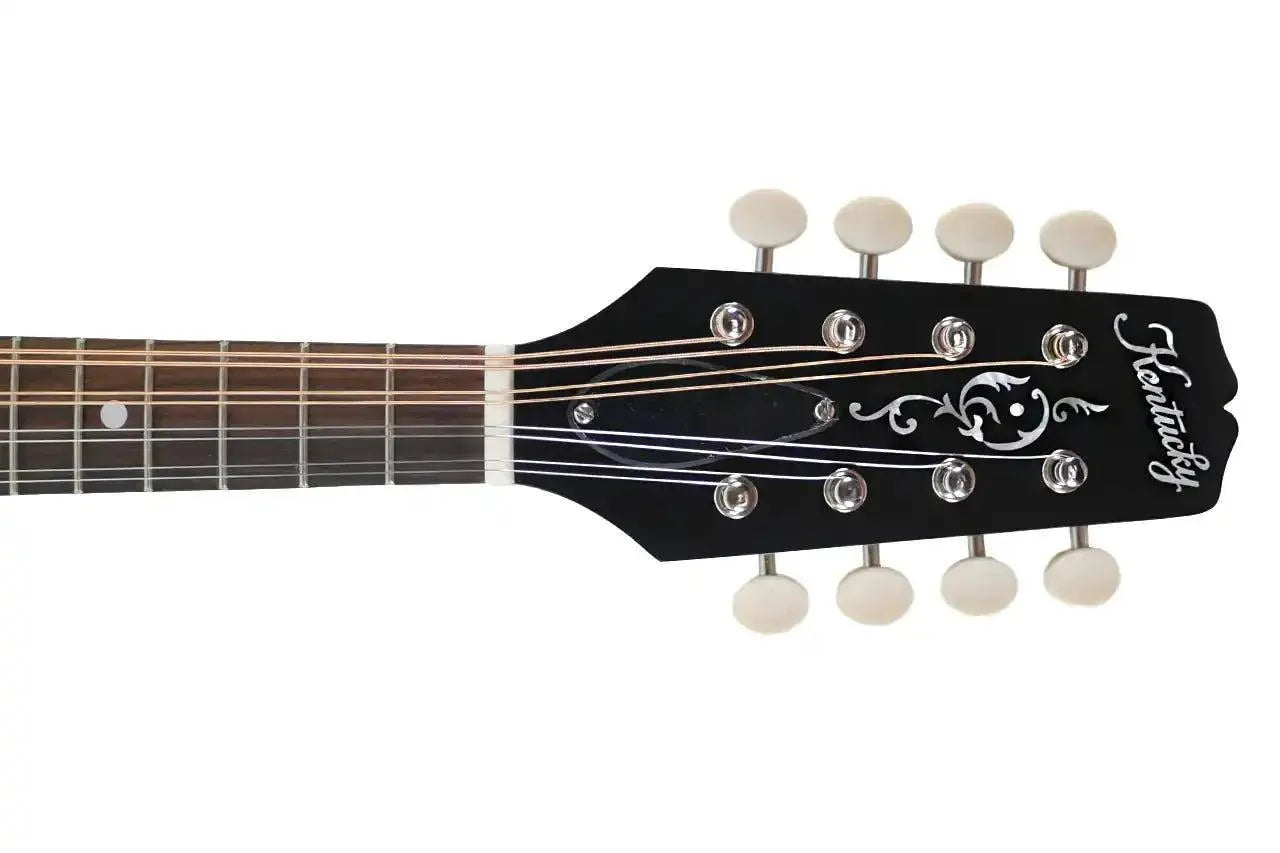 Kentucky KM-206 A-Model mandolin headstock with mother-of-pearl inlay, white buttons, and nickel tuners.