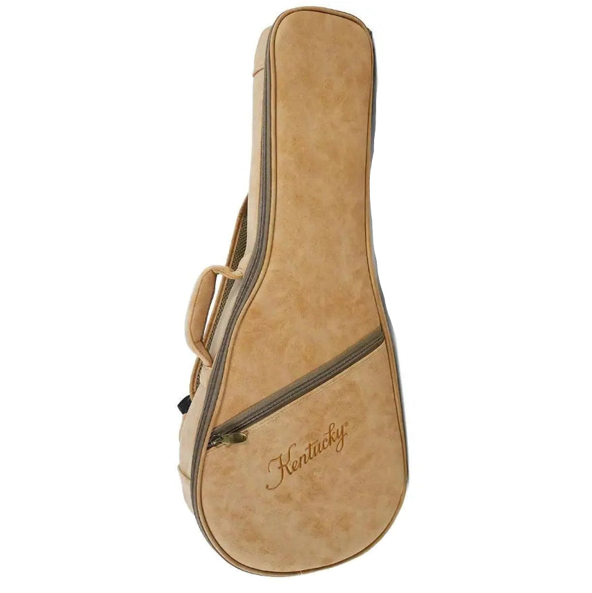 Kentucky mandolin gig bag in tan with embroidered logo and zipper pocket.