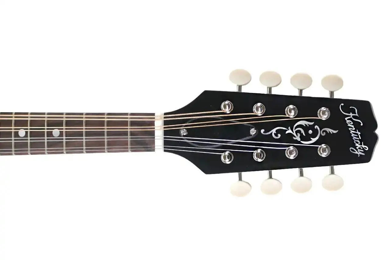 Kentucky KM-226 A-Model mandolin headstock with black finish, white logo, and ivory tuning pegs.