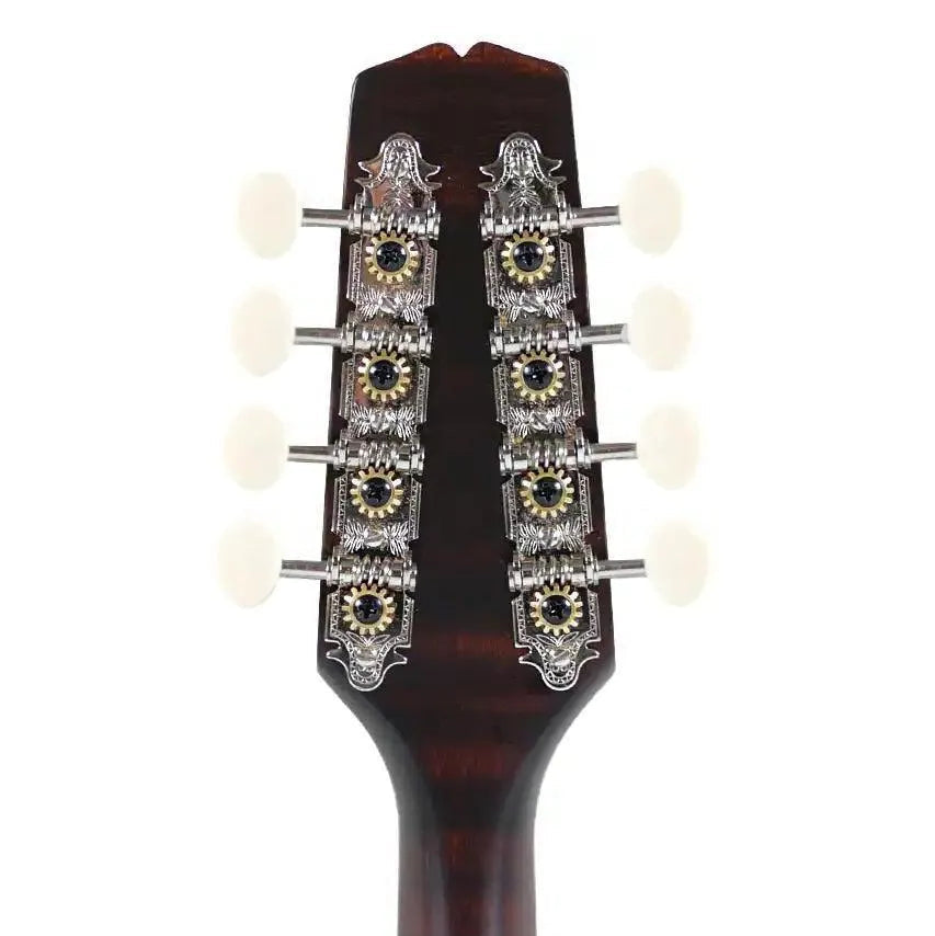 Kentucky KM-226 A-Model mandolin headstock with satin brown finish, ornate tuners, and cream buttons.