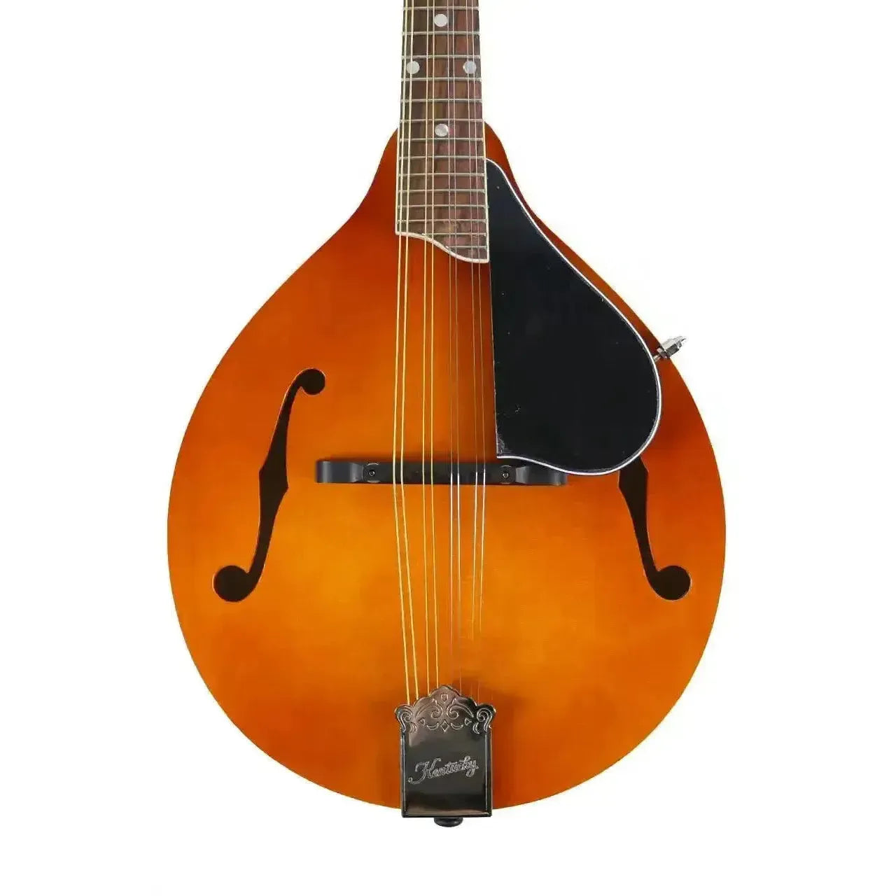 Kentucky KM-252 Amber Deluxe A-Model Mandolin with F-holes and black pickguard.
