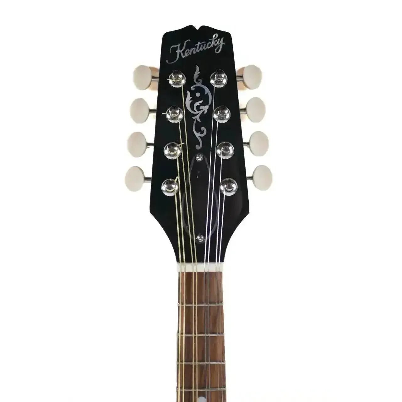 Kentucky KM-252 A-Model mandolin headstock with black finish, white tuners, and mother-of-pearl inlay.