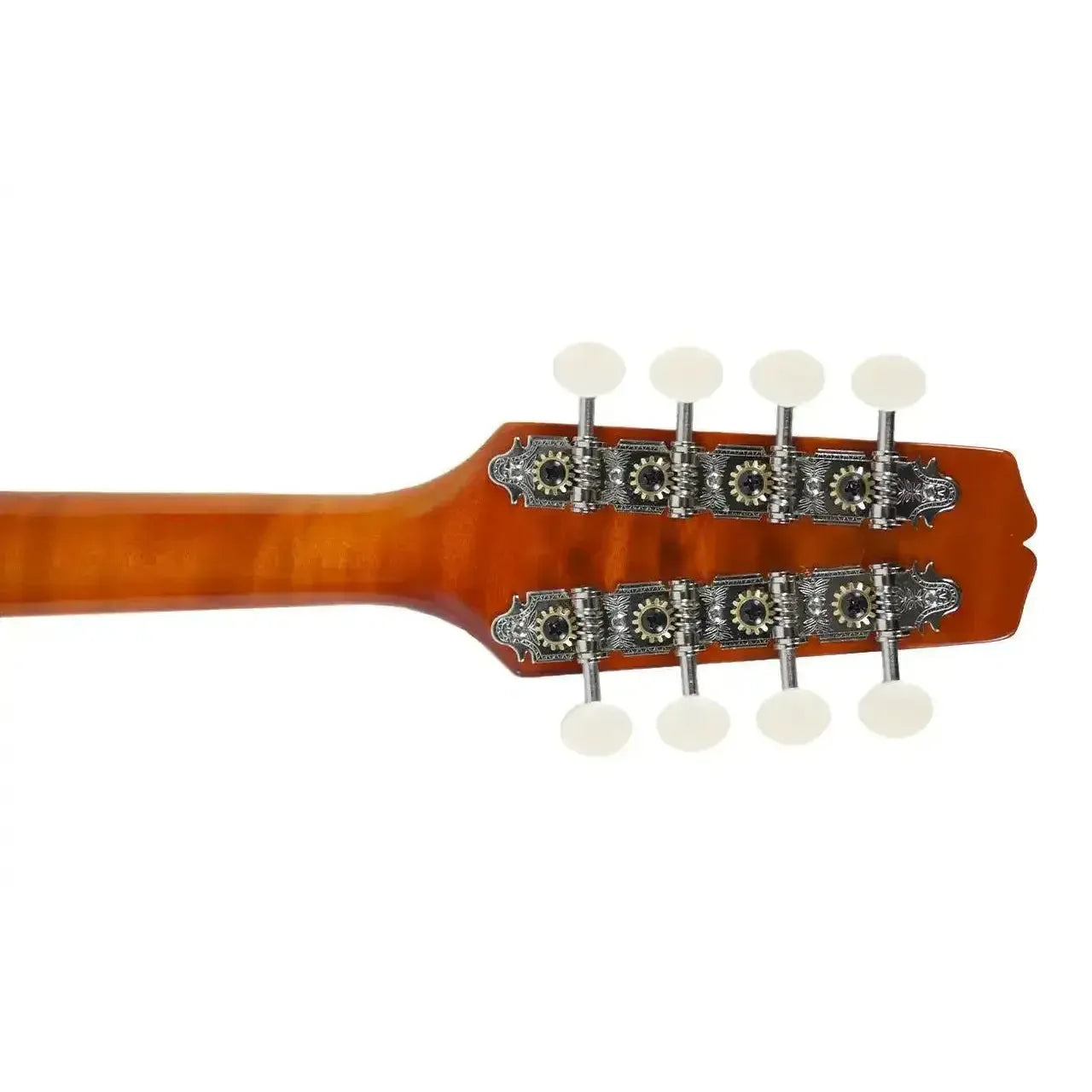 Kentucky KM-252 Amber A-Model mandolin headstock with nickel-plated tuners and white buttons.