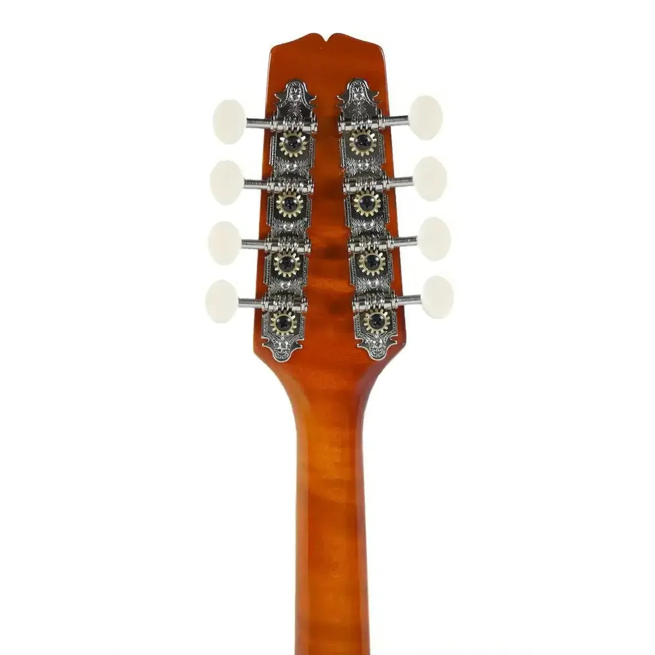 Kentucky KM-252 Amber A-Model mandolin headstock with nickel-plated tuners and white buttons.