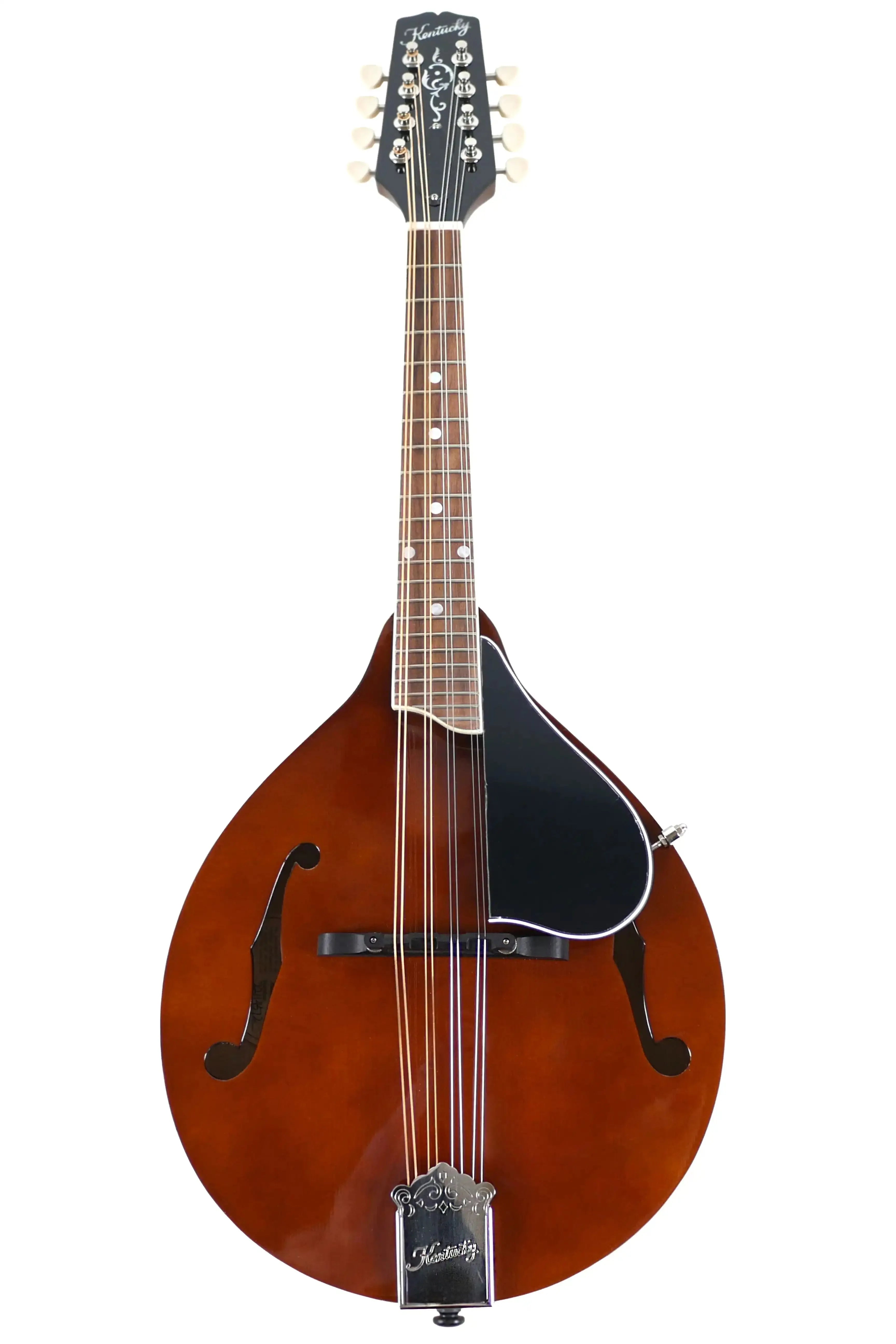 Kentucky KM-256 Brown Deluxe A-Model Mandolin with high-gloss finish, white binding, and engraved tailpiece.