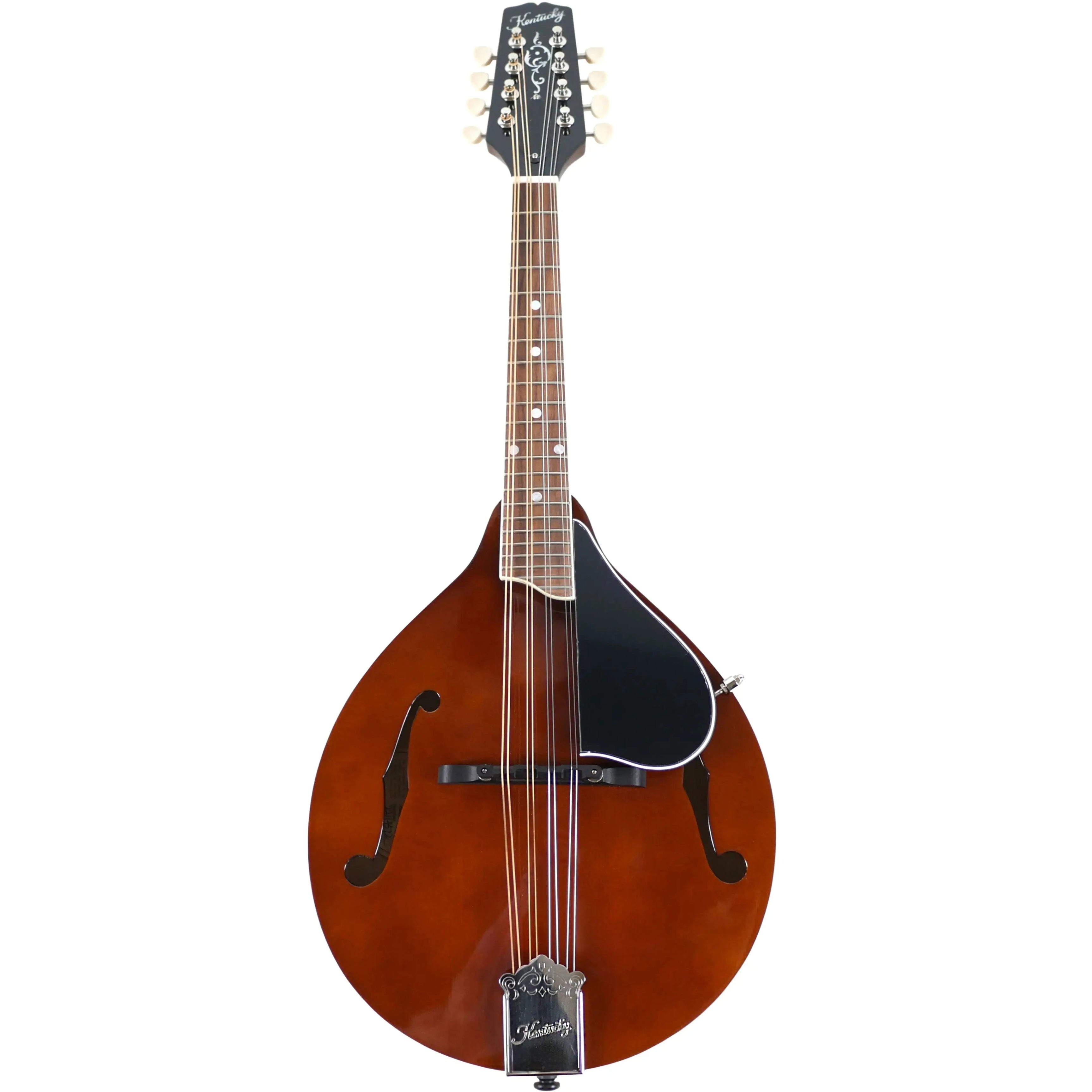 Kentucky KM-256 Brown Deluxe A-Model Mandolin with high-gloss finish, white binding, and engraved tailpiece.