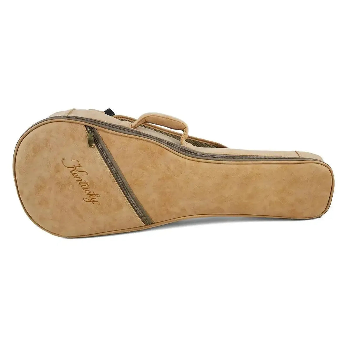 Kentucky mandolin gig bag in light brown with embroidered logo and zipper pocket.