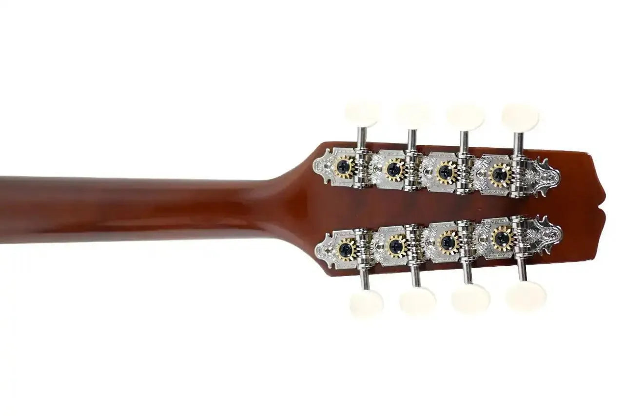Kentucky KM-256 A-Model mandolin headstock with nickel-plated tuners and white buttons.